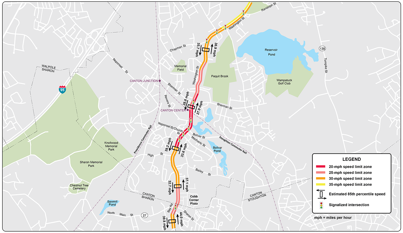 Figure 14: Speed Regulations & Estimated 85th Percentile Speeds
A map of the study area shows speed limit zones and estimated 85th percentile speeds along the Washington Street corridor.